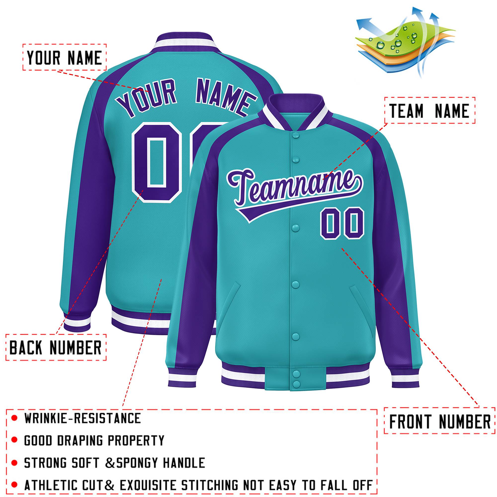 Custom Aqua Purple Varsity Full-Snap Color Block Personalized Raglan Sleeves Letterman Jacket