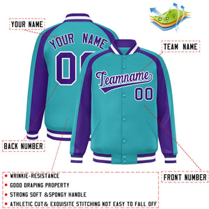 Custom Aqua Purple Varsity Full-Snap Color Block Personalized Raglan Sleeves Letterman Jacket