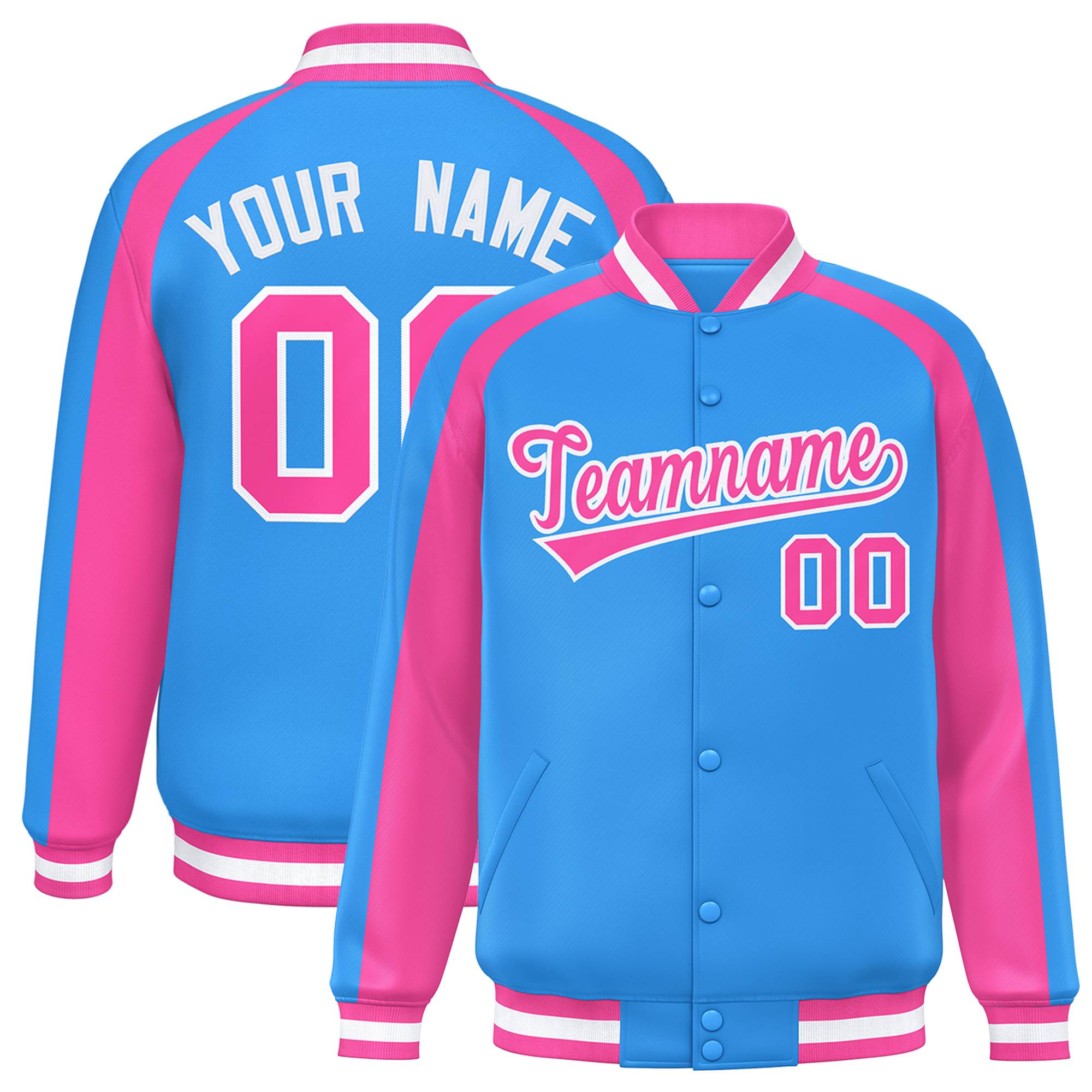 Custom Powder Blue Pink Varsity Full-Snap Color Block Personalized Raglan Sleeves Letterman Jacket