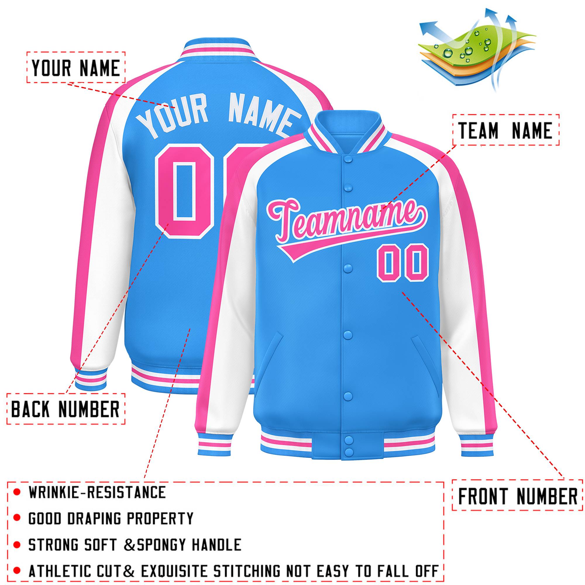 Custom Powder Blue White Varsity Full-Snap Color Block Personalized Raglan Sleeves Letterman Jacket