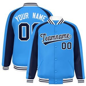 Custom Powder Blue Navy Varsity Full-Snap Color Block Personalized Raglan Sleeves Letterman Jacket