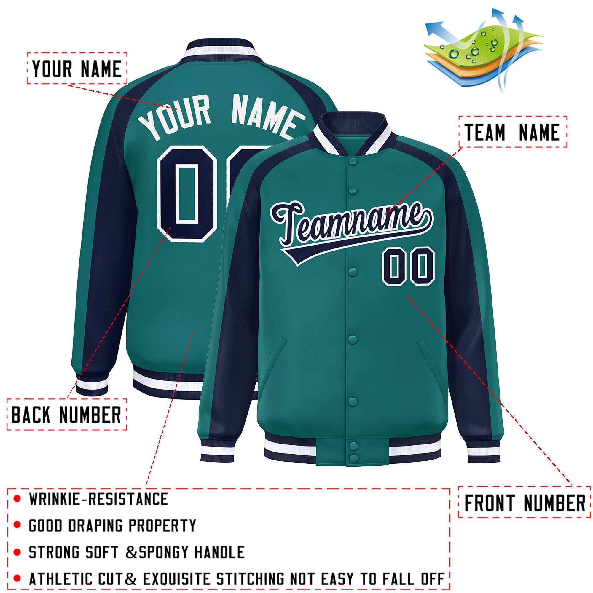 Custom Aqua Navy Varsity Full-Snap Color Block Personalized Raglan Sleeves Letterman Jacket