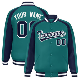 Custom Aqua Navy Varsity Full-Snap Color Block Personalized Raglan Sleeves Letterman Jacket