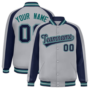 Custom Gray Navy Varsity Full-Snap Color Block Personalized Raglan Sleeves Letterman Jacket