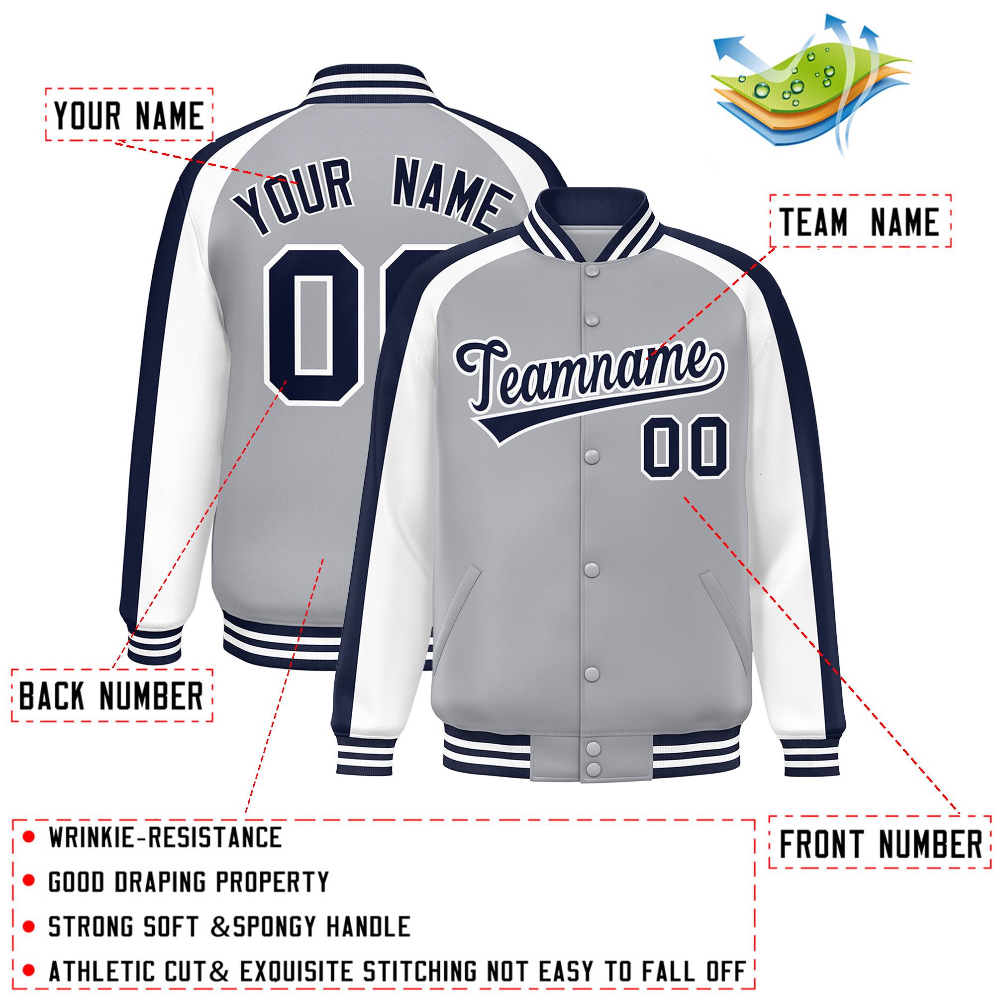 Custom Gray White Varsity Full-Snap Color Block Personalized Raglan Sleeves Letterman Jacket