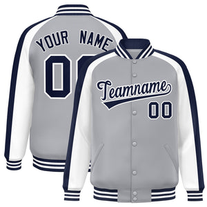 Custom Gray White Varsity Full-Snap Color Block Personalized Raglan Sleeves Letterman Jacket