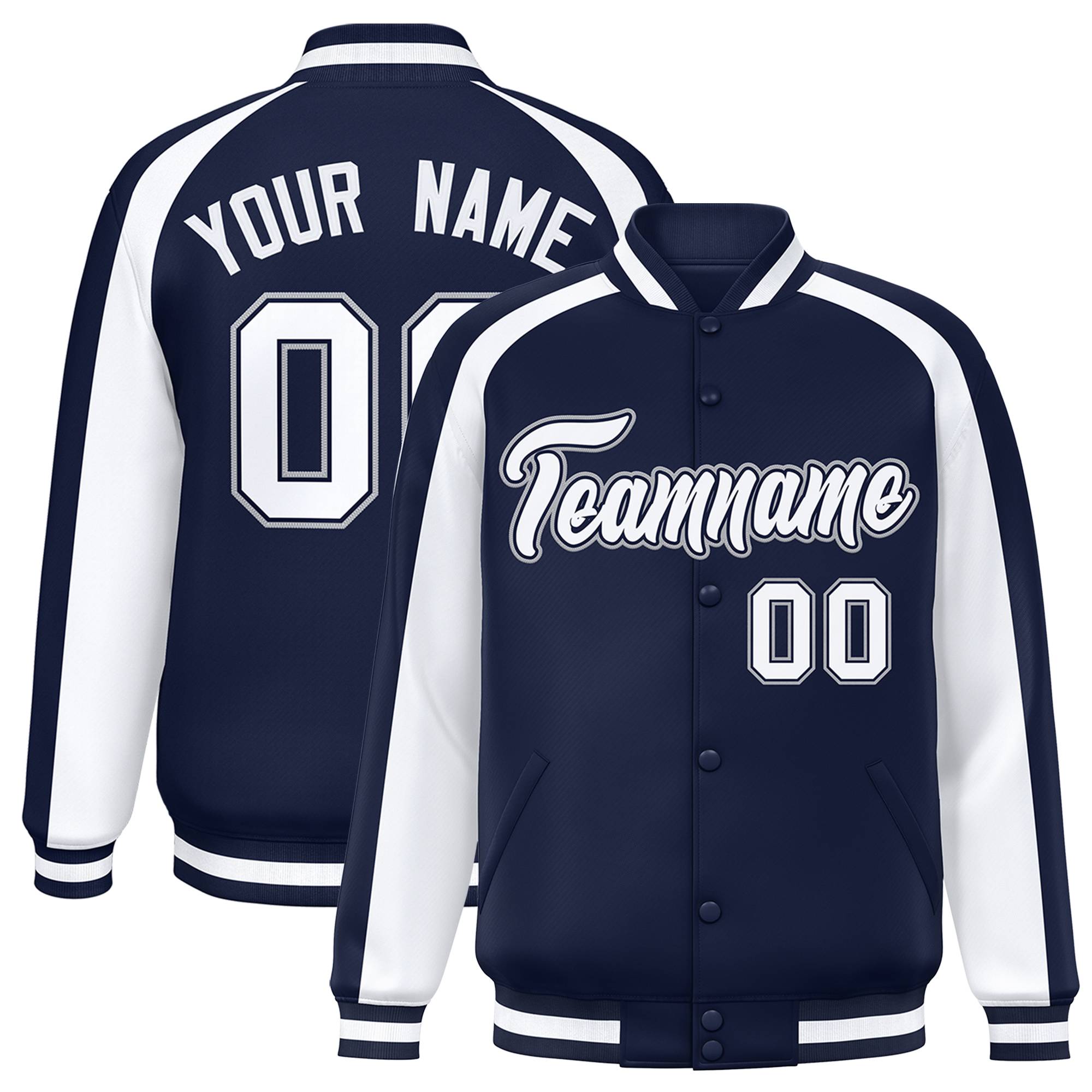 Custom Navy White Varsity Full-Snap Color Block Personalized Raglan Sleeves Letterman Jacket