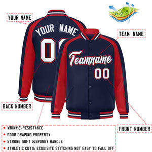 Custom Navy Red Varsity Full-Snap Color Block Personalized Raglan Sleeves Letterman Jacket