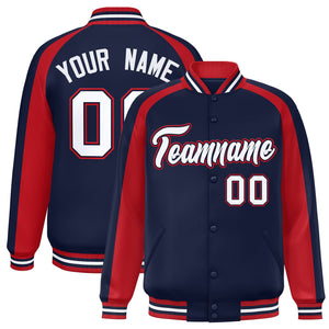 Custom Navy Red Varsity Full-Snap Color Block Personalized Raglan Sleeves Letterman Jacket