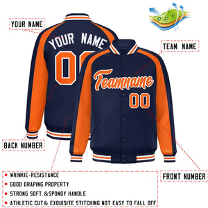 Custom Navy Orange Varsity Full-Snap Color Block Personalized Raglan Sleeves Letterman Jacket