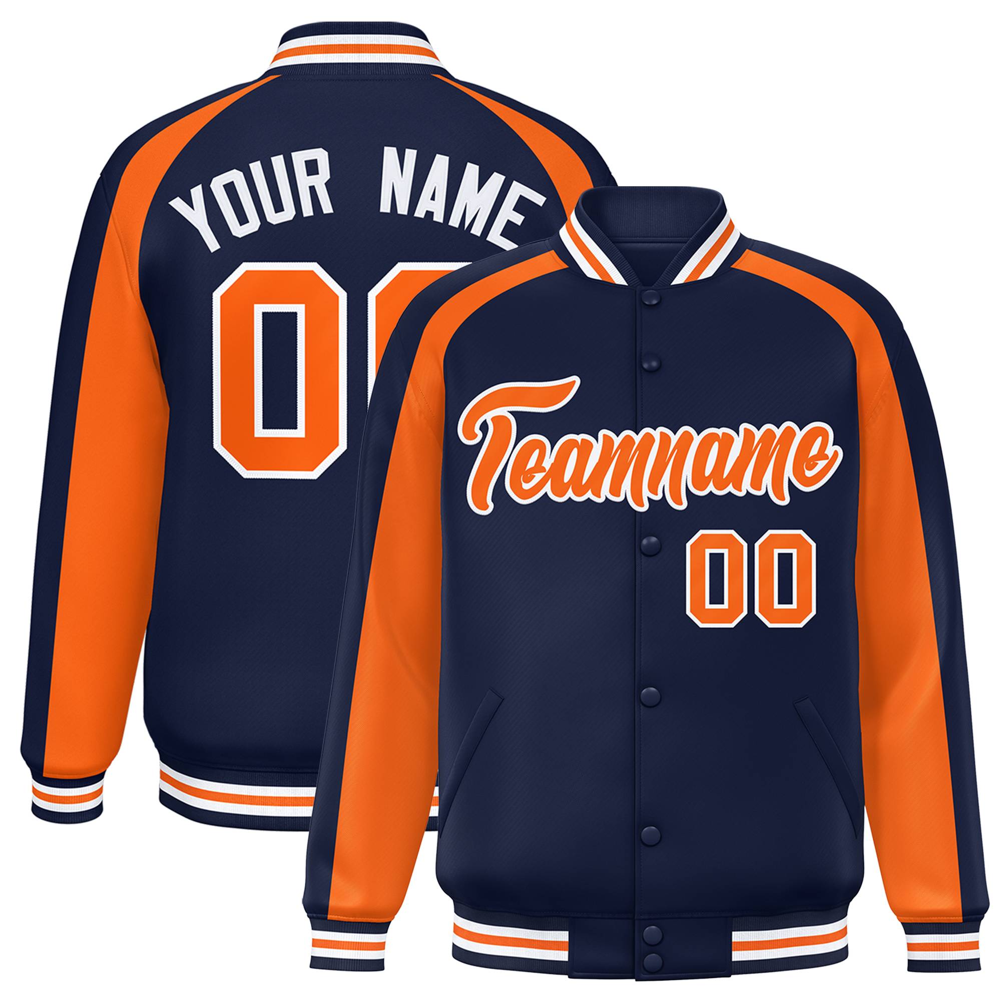 Custom Navy Orange Varsity Full-Snap Color Block Personalized Raglan Sleeves Letterman Jacket