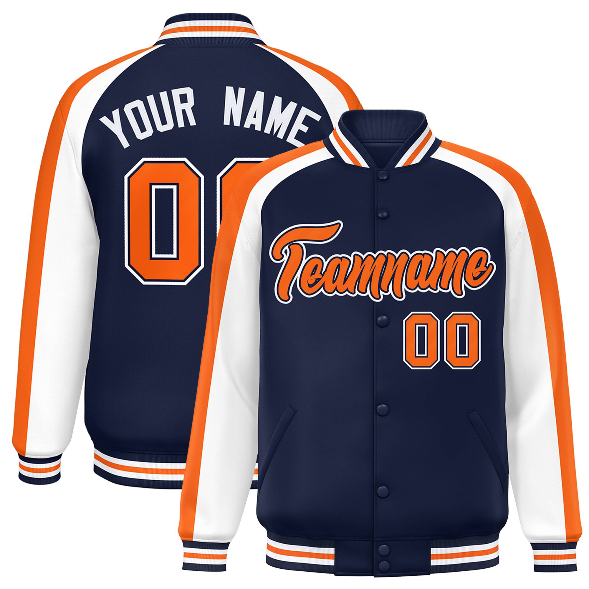 Custom Navy White Varsity Full-Snap Color Block Personalized Raglan Sleeves Letterman Jacket