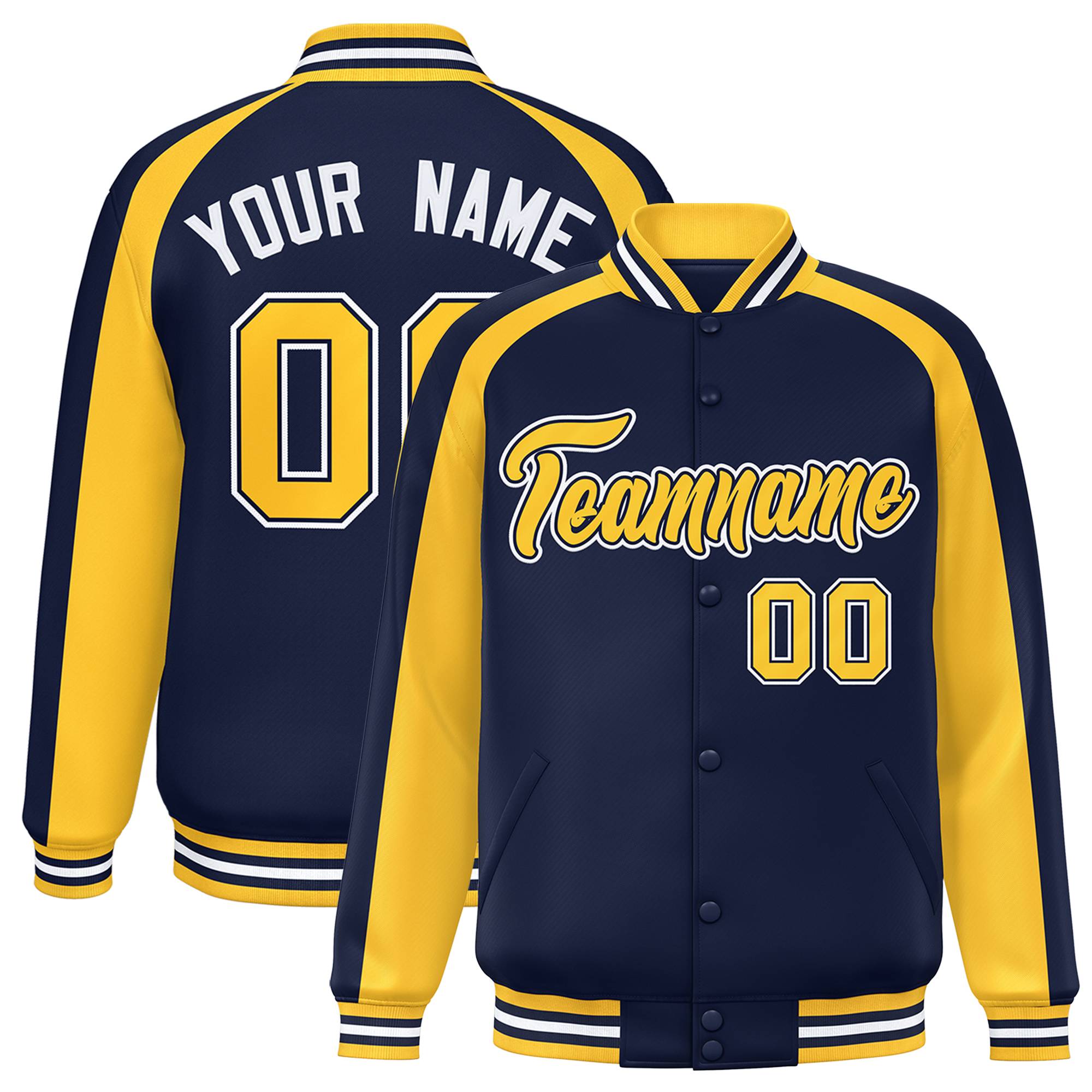 Custom Navy Gold Varsity Full-Snap Color Block Personalized Raglan Sleeves Letterman Jacket