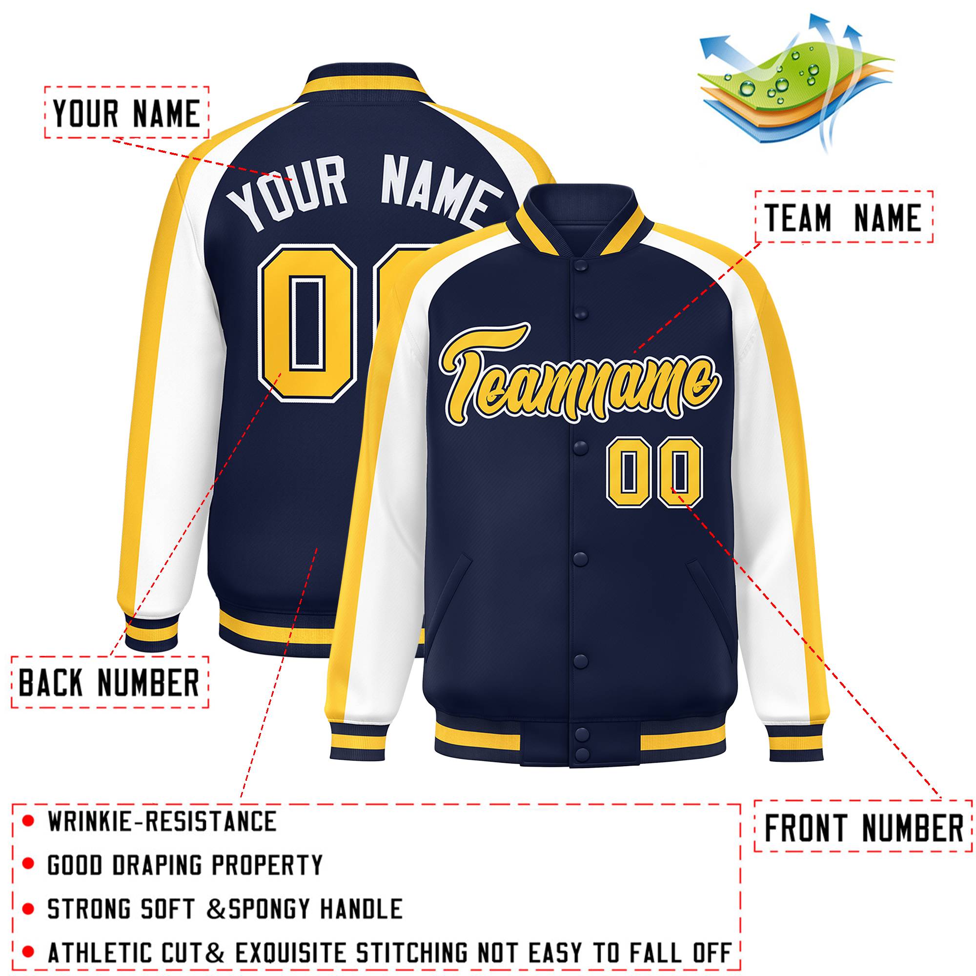 Custom Navy White Varsity Full-Snap Color Block Personalized Raglan Sleeves Letterman Jacket