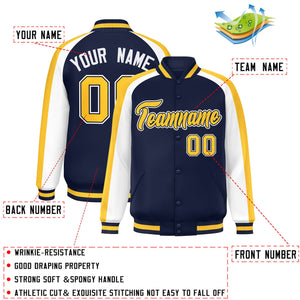 Custom Navy White Varsity Full-Snap Color Block Personalized Raglan Sleeves Letterman Jacket