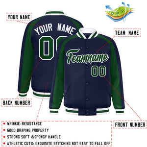 Custom Navy Green Varsity Full-Snap Color Block Personalized Raglan Sleeves Letterman Jacket