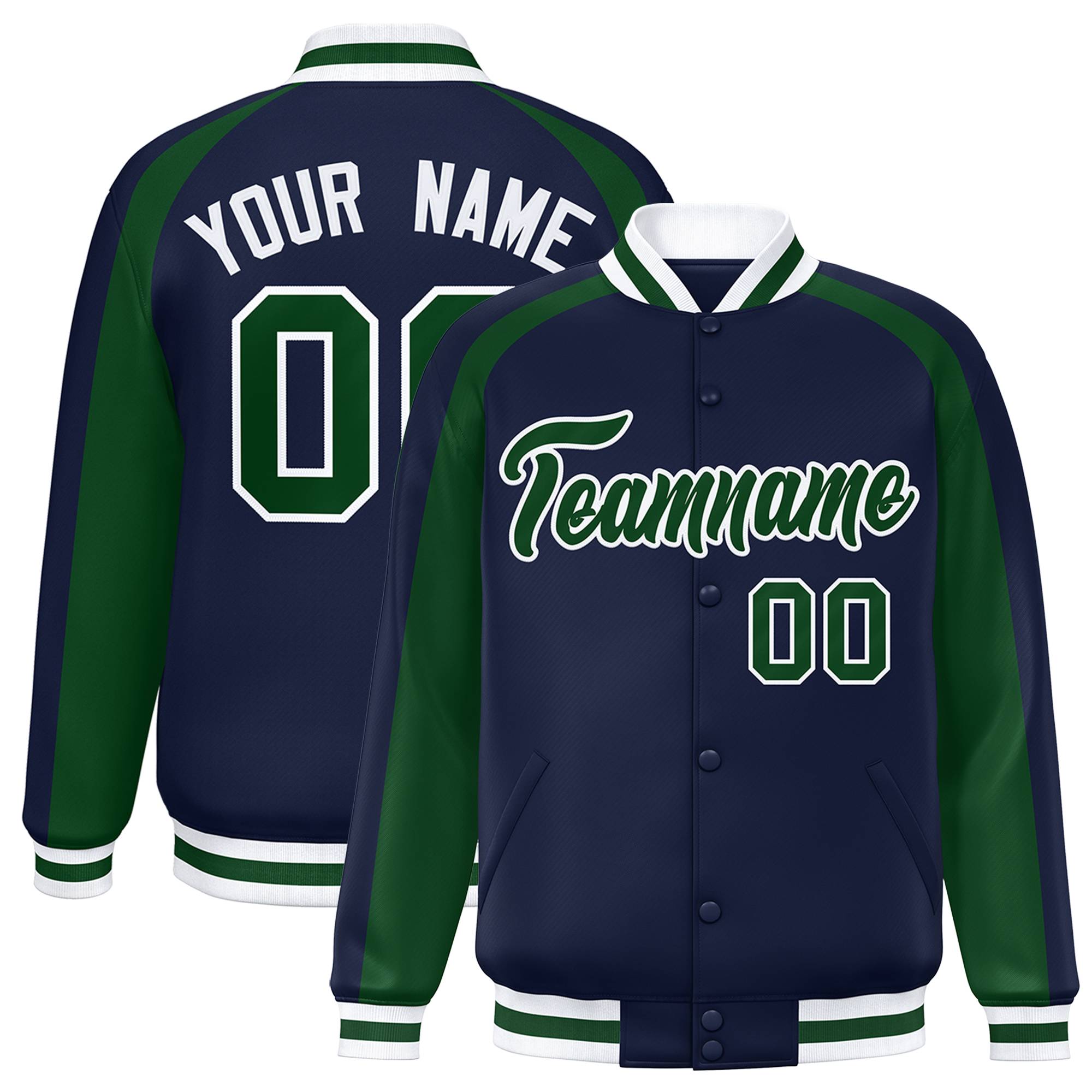 Custom Navy Green Varsity Full-Snap Color Block Personalized Raglan Sleeves Letterman Jacket