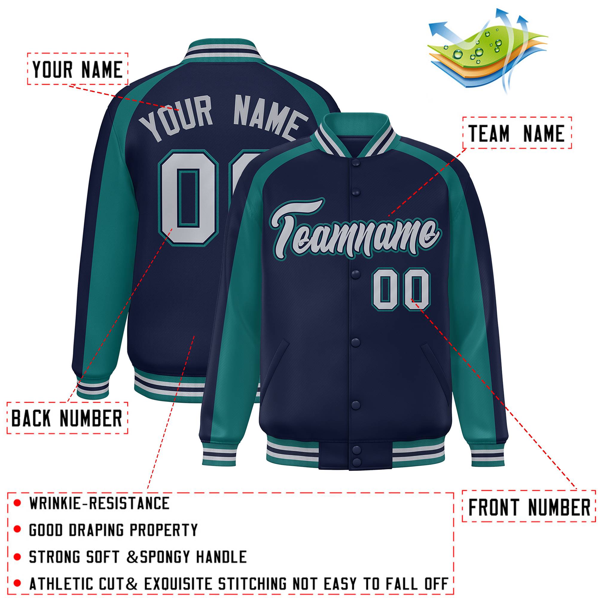 Custom Navy Aqua Varsity Full-Snap Color Block Personalized Raglan Sleeves Letterman Jacket