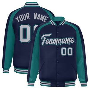 Custom Navy Aqua Varsity Full-Snap Color Block Personalized Raglan Sleeves Letterman Jacket