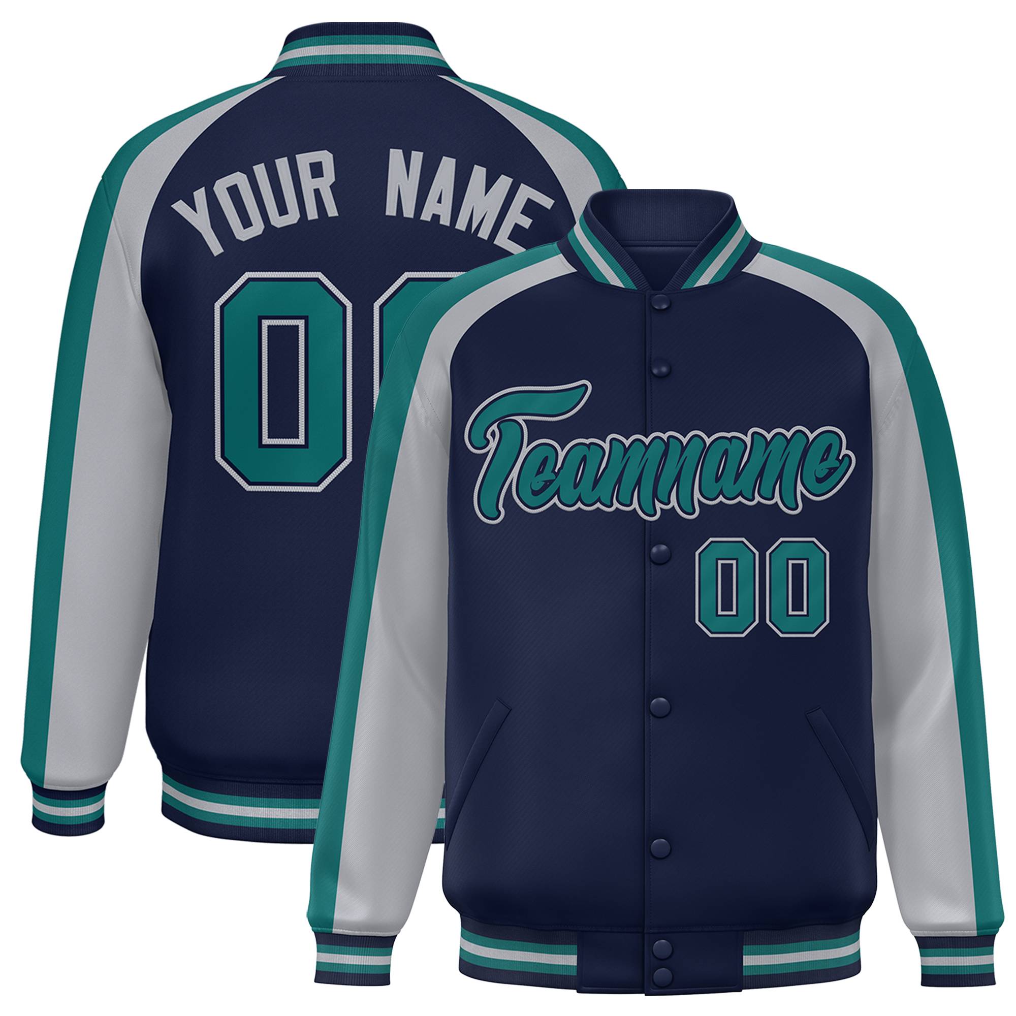 Custom Navy Gray Varsity Full-Snap Color Block Personalized Raglan Sleeves Letterman Jacket