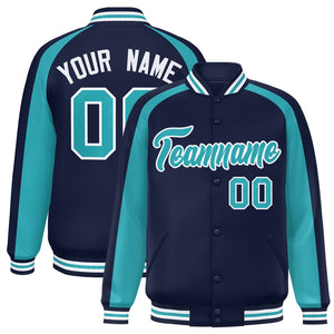 Custom Navy Aqua Varsity Full-Snap Color Block Personalized Raglan Sleeves Letterman Jacket