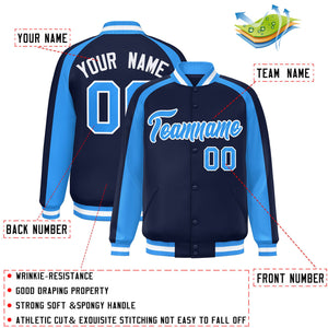 Custom Navy Powder Blue Varsity Full-Snap Color Block Personalized Raglan Sleeves Letterman Jacket