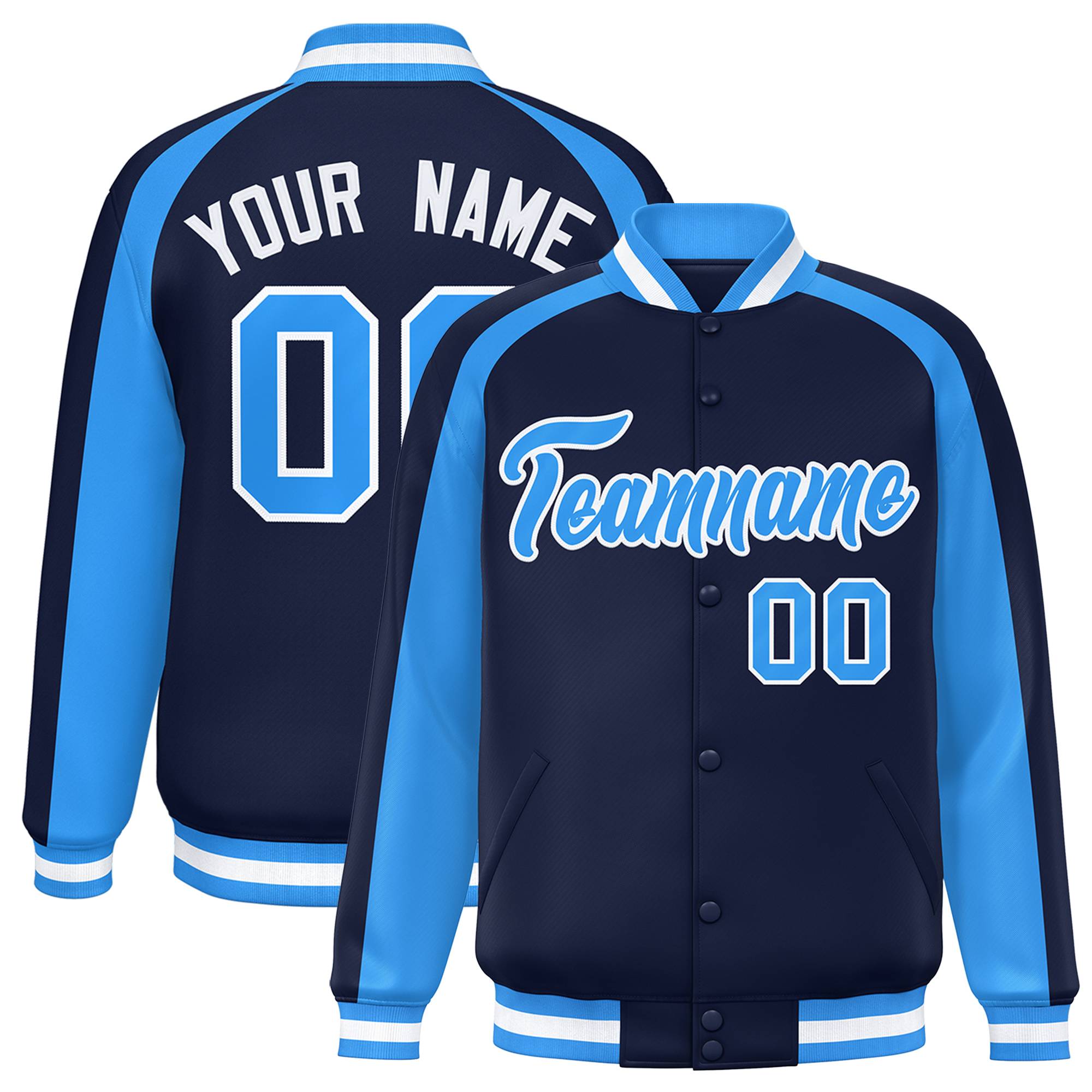 Custom Navy Powder Blue Varsity Full-Snap Color Block Personalized Raglan Sleeves Letterman Jacket