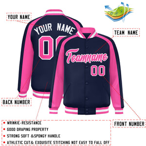 Custom Navy Pink Varsity Full-Snap Color Block Personalized Raglan Sleeves Letterman Jacket