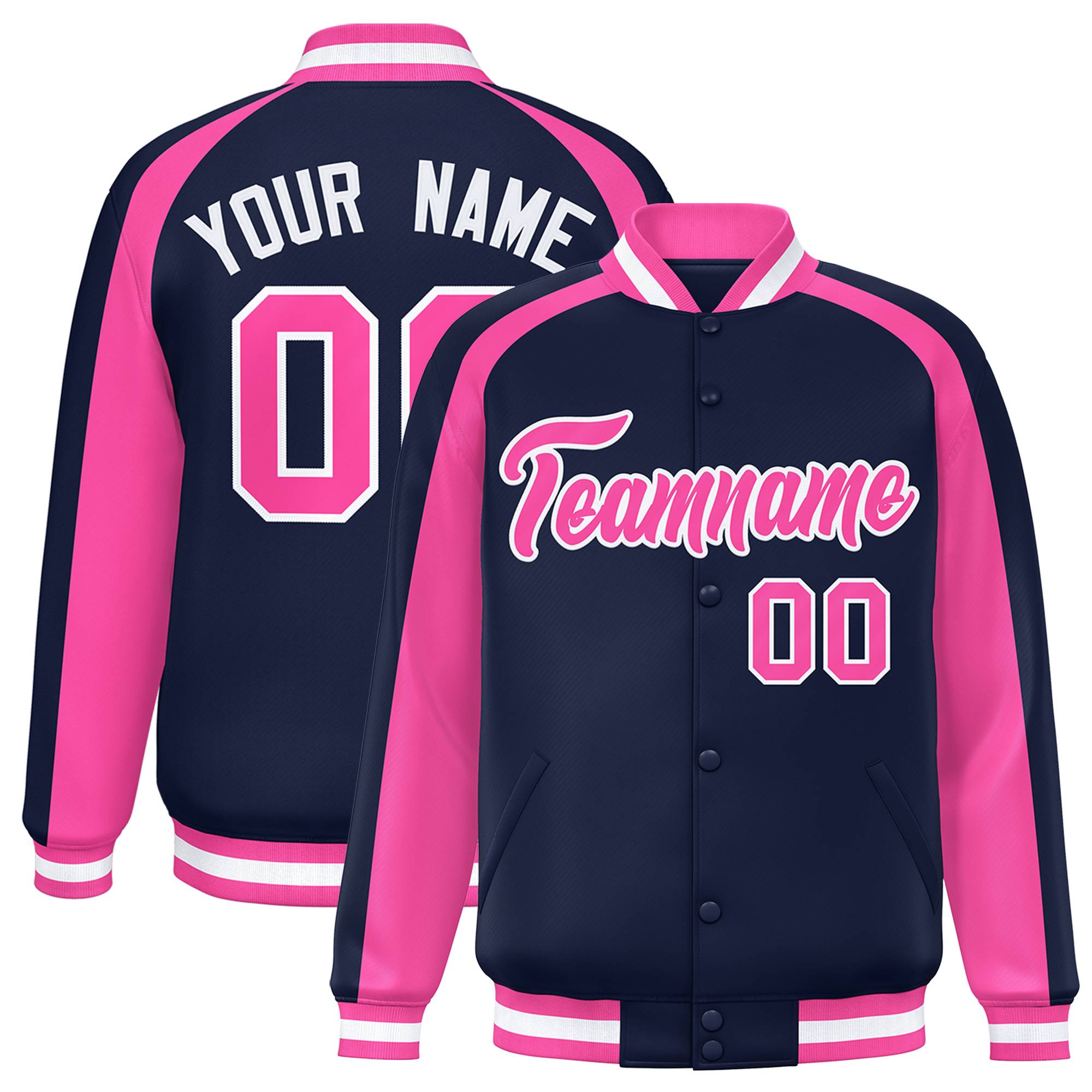 Custom Navy Pink Varsity Full-Snap Color Block Personalized Raglan Sleeves Letterman Jacket