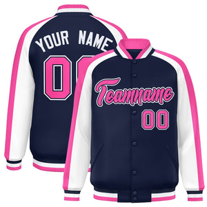 Custom Navy White Varsity Full-Snap Color Block Personalized Raglan Sleeves Letterman Jacket