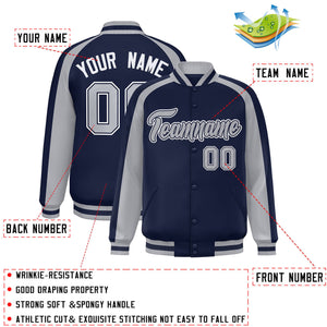 Custom Navy Gray Varsity Full-Snap Color Block Personalized Raglan Sleeves Letterman Jacket