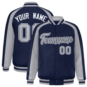 Custom Navy Gray Varsity Full-Snap Color Block Personalized Raglan Sleeves Letterman Jacket