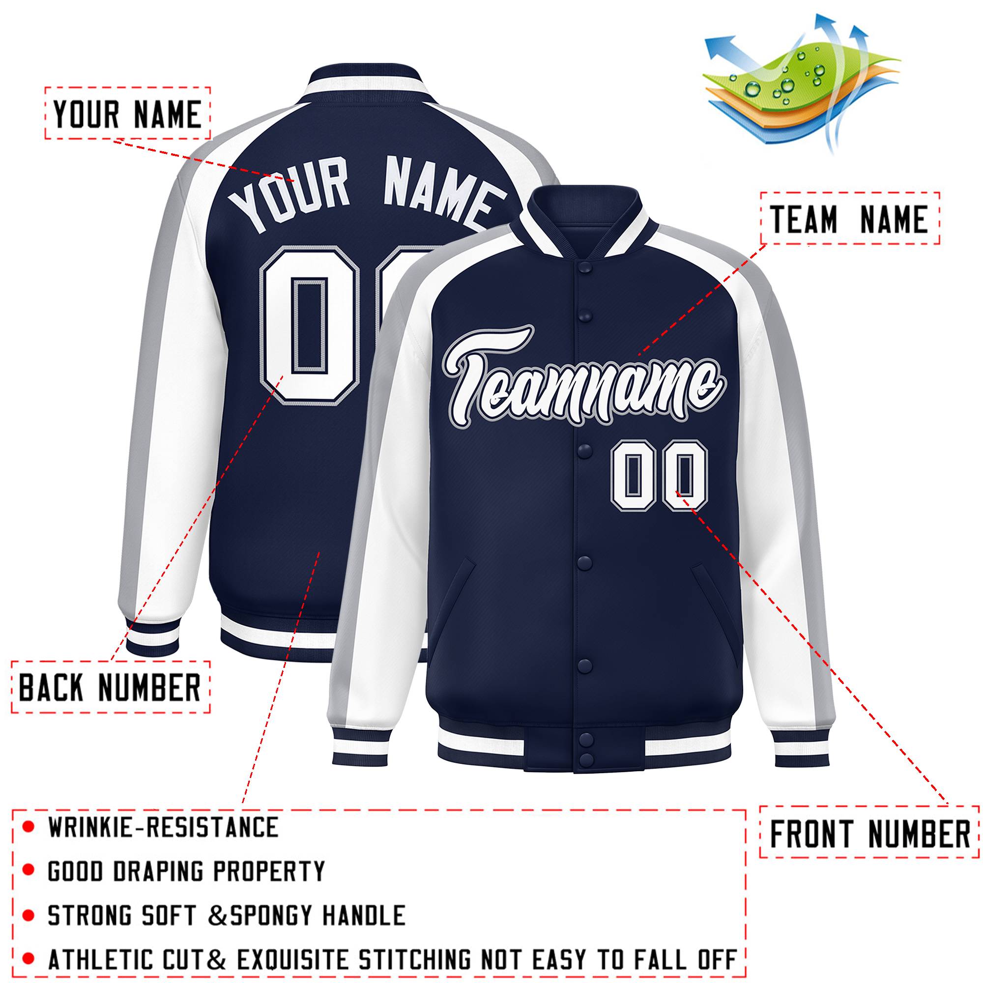 Custom Navy White Varsity Full-Snap Color Block Personalized Raglan Sleeves Letterman Jacket