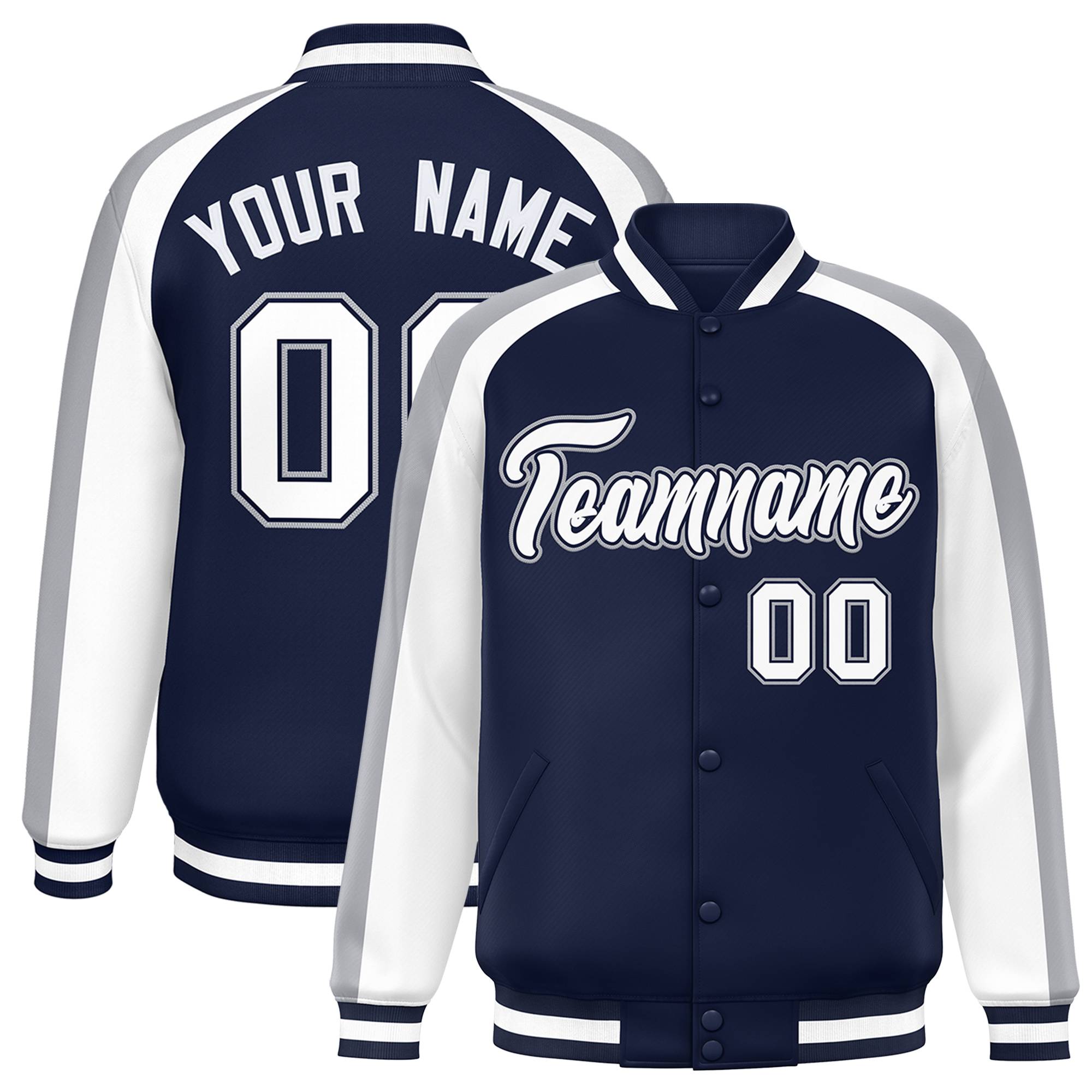 Custom Navy White Varsity Full-Snap Color Block Personalized Raglan Sleeves Letterman Jacket