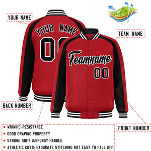 Custom Red Black Varsity Full-Snap Color Block Personalized Raglan Sleeves Letterman Jacket