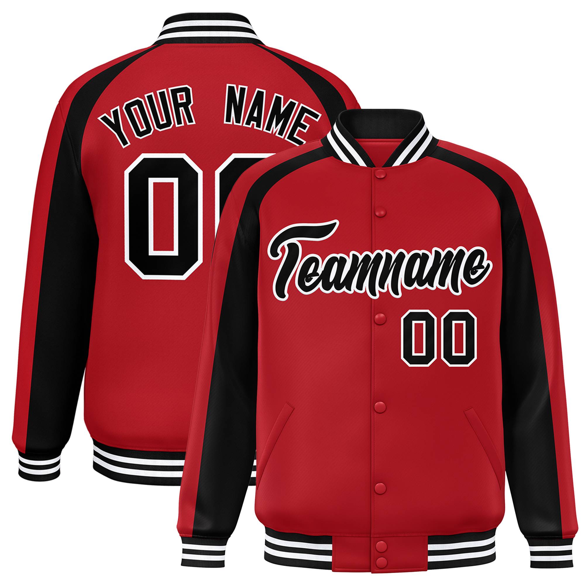 Custom Red Black Varsity Full-Snap Color Block Personalized Raglan Sleeves Letterman Jacket