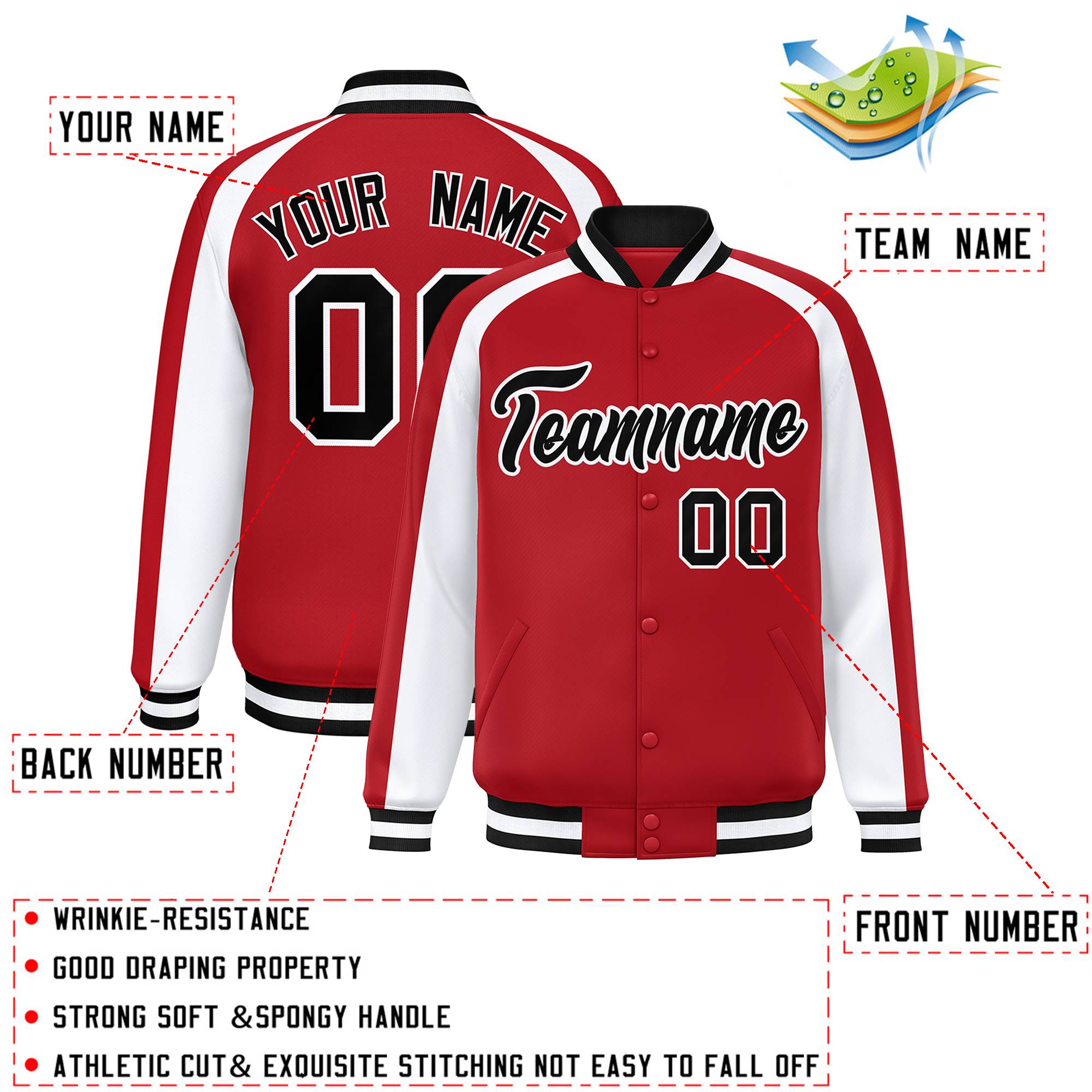 Custom Red White Varsity Full-Snap Color Block Personalized Raglan Sleeves Letterman Jacket