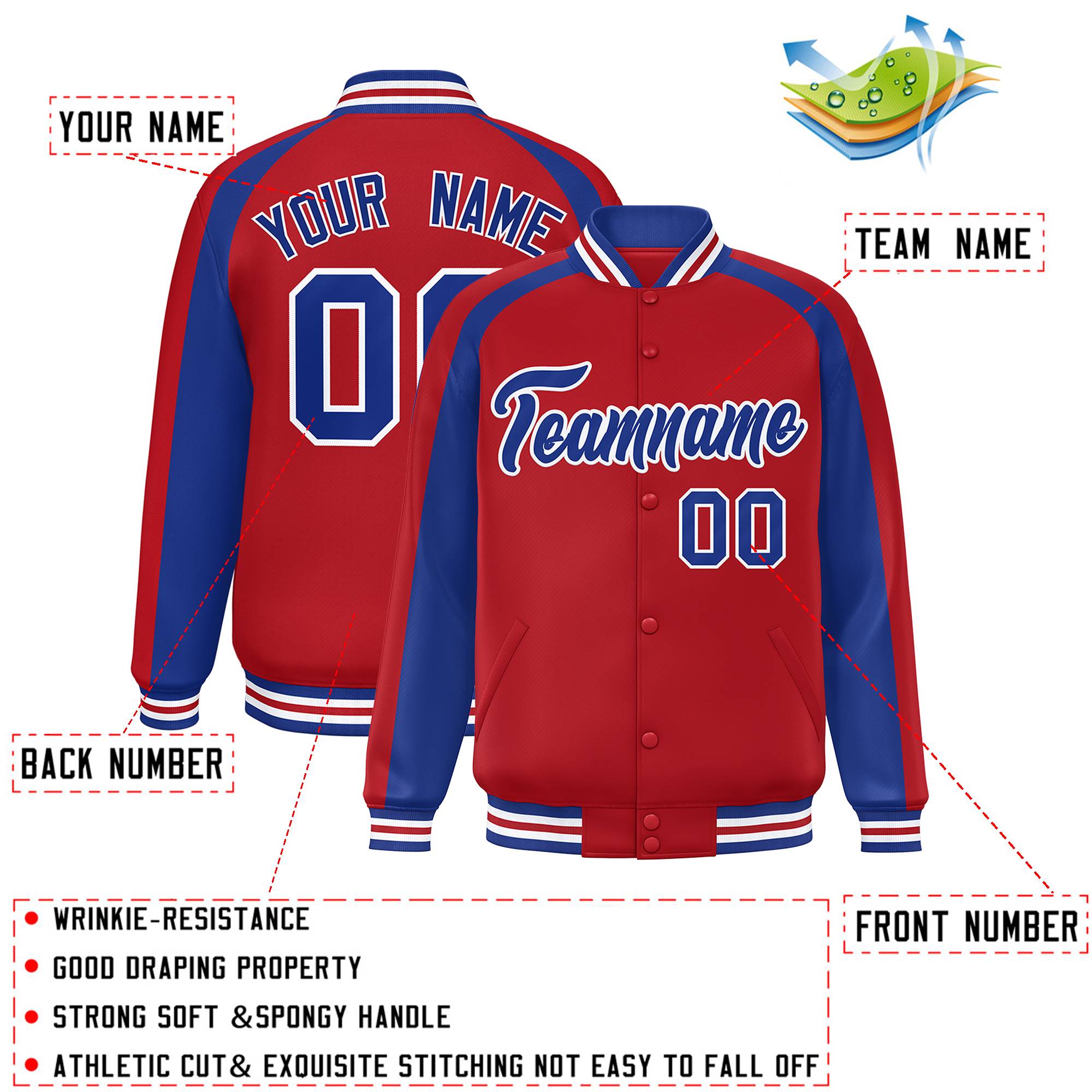 Custom Red Royal Varsity Full-Snap Color Block Personalized Raglan Sleeves Letterman Jacket