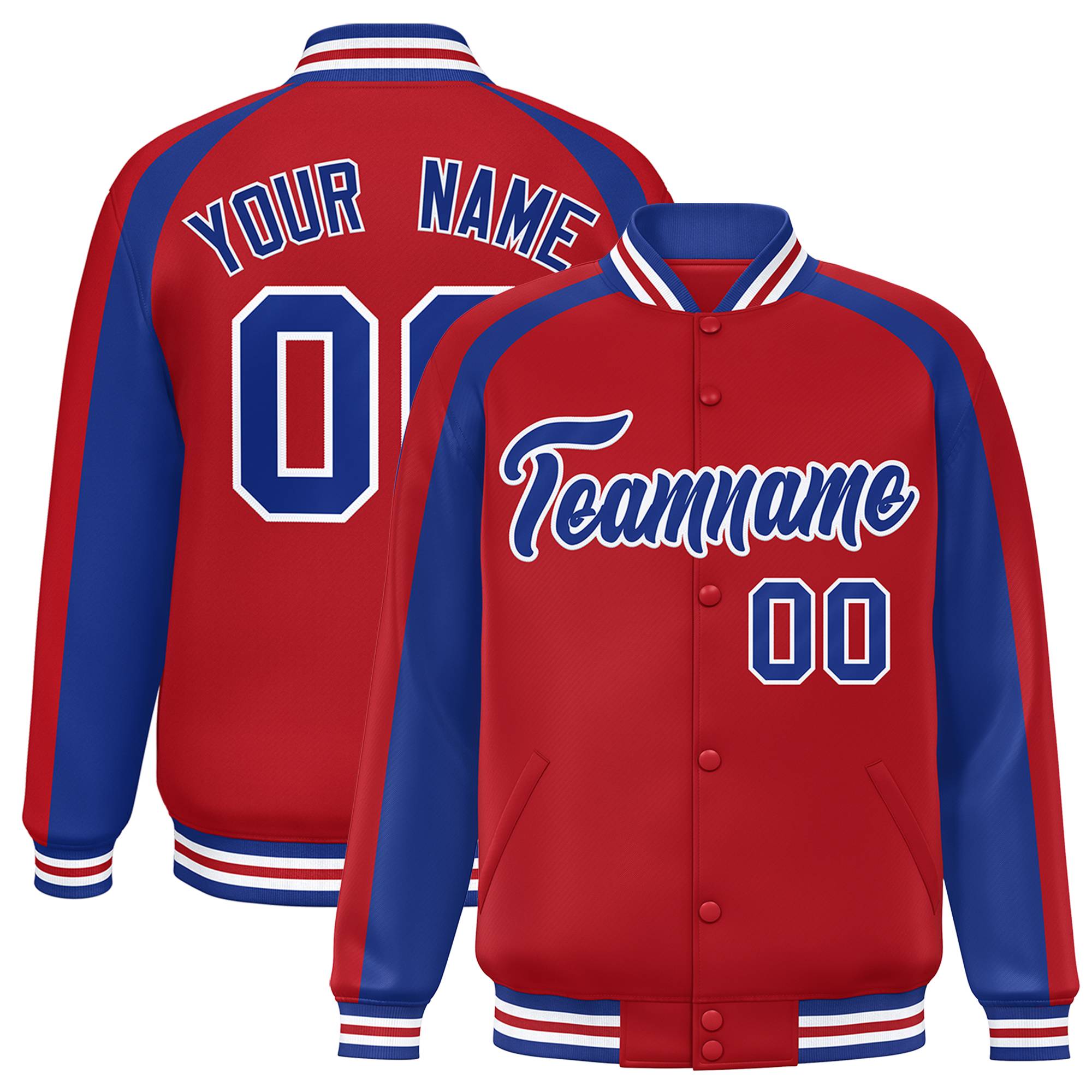 Custom Red Royal Varsity Full-Snap Color Block Personalized Raglan Sleeves Letterman Jacket