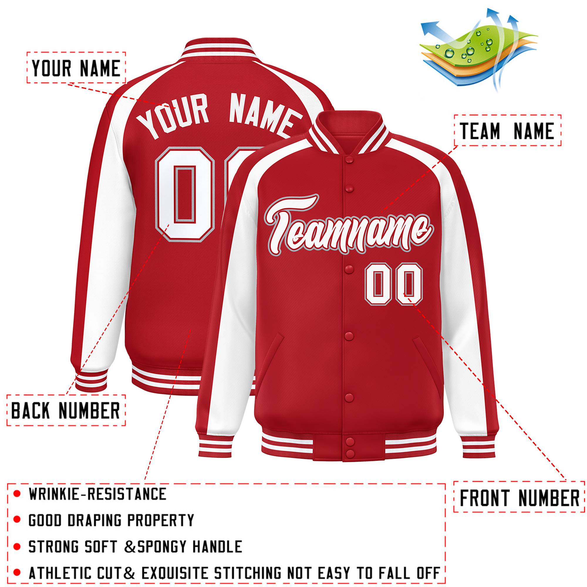 Custom Red White Varsity Full-Snap Color Block Personalized Raglan Sleeves Letterman Jacket