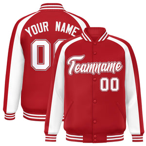 Custom Red White Varsity Full-Snap Color Block Personalized Raglan Sleeves Letterman Jacket