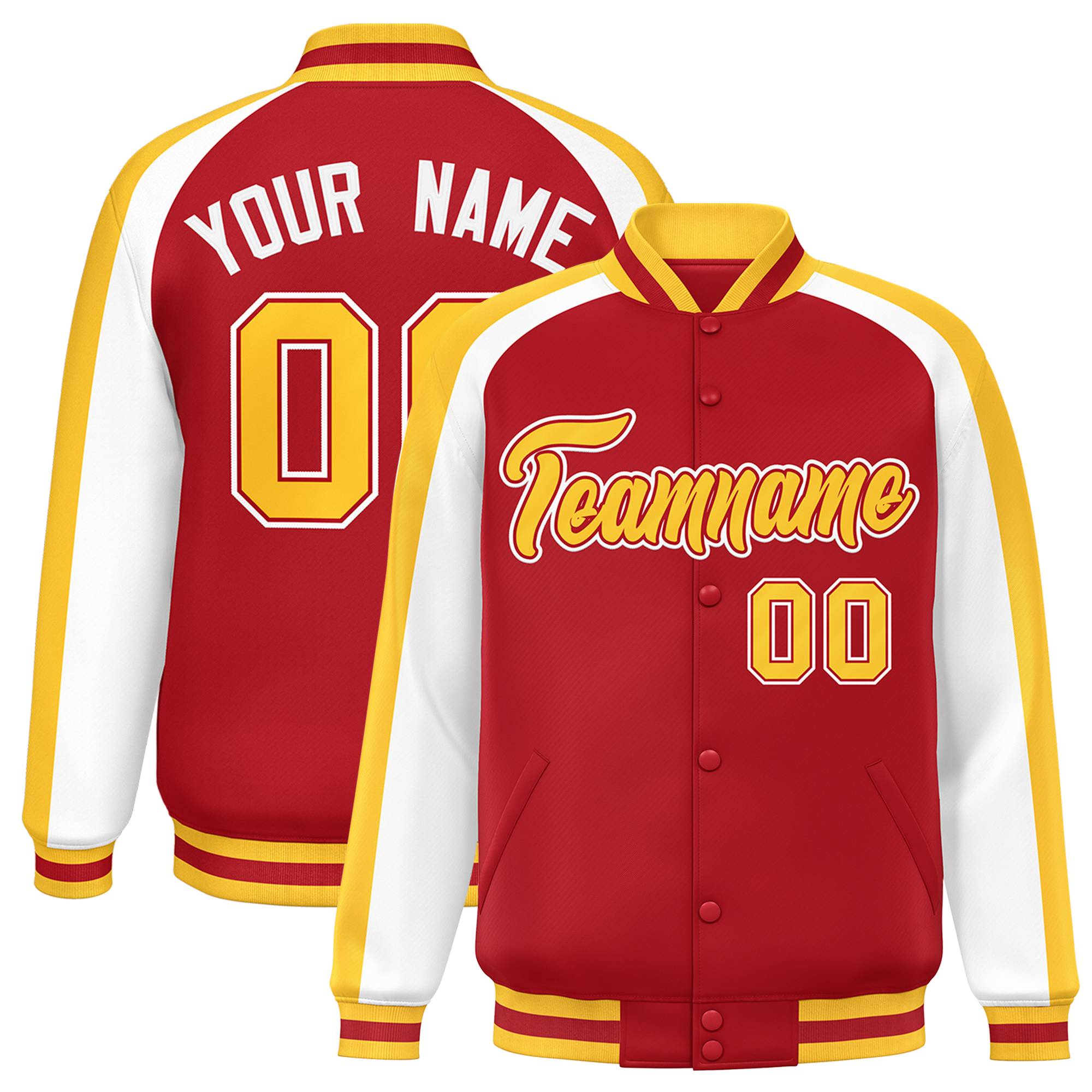 Custom Red White Varsity Full-Snap Color Block Personalized Raglan Sleeves Letterman Jacket