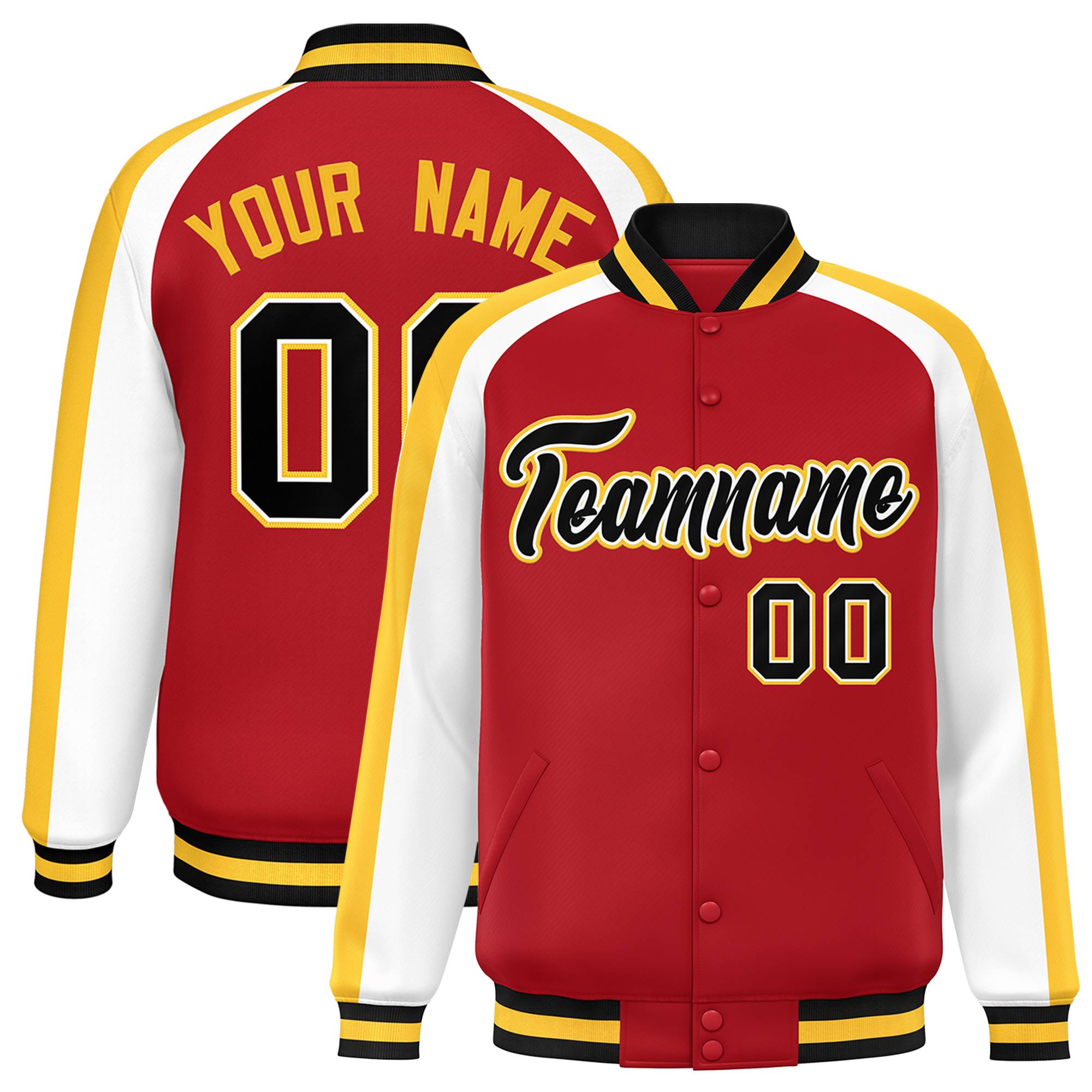 Custom Red White Varsity Full-Snap Color Block Personalized Raglan Sleeves Letterman Jacket