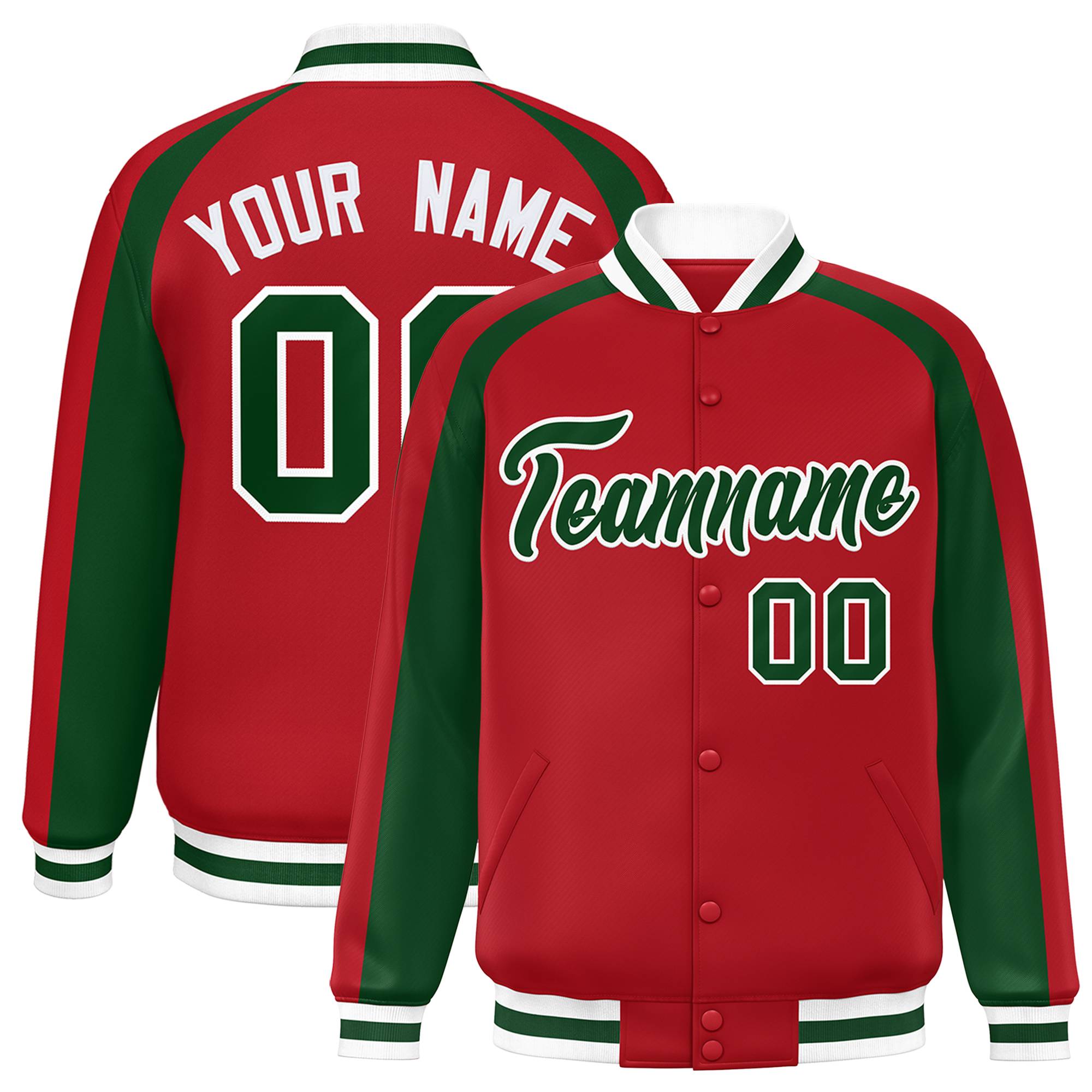 Custom Red Green Varsity Full-Snap Color Block Personalized Raglan Sleeves Letterman Jacket