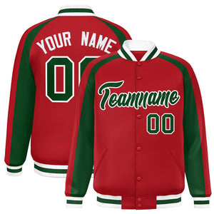 Custom Red Green Varsity Full-Snap Color Block Personalized Raglan Sleeves Letterman Jacket