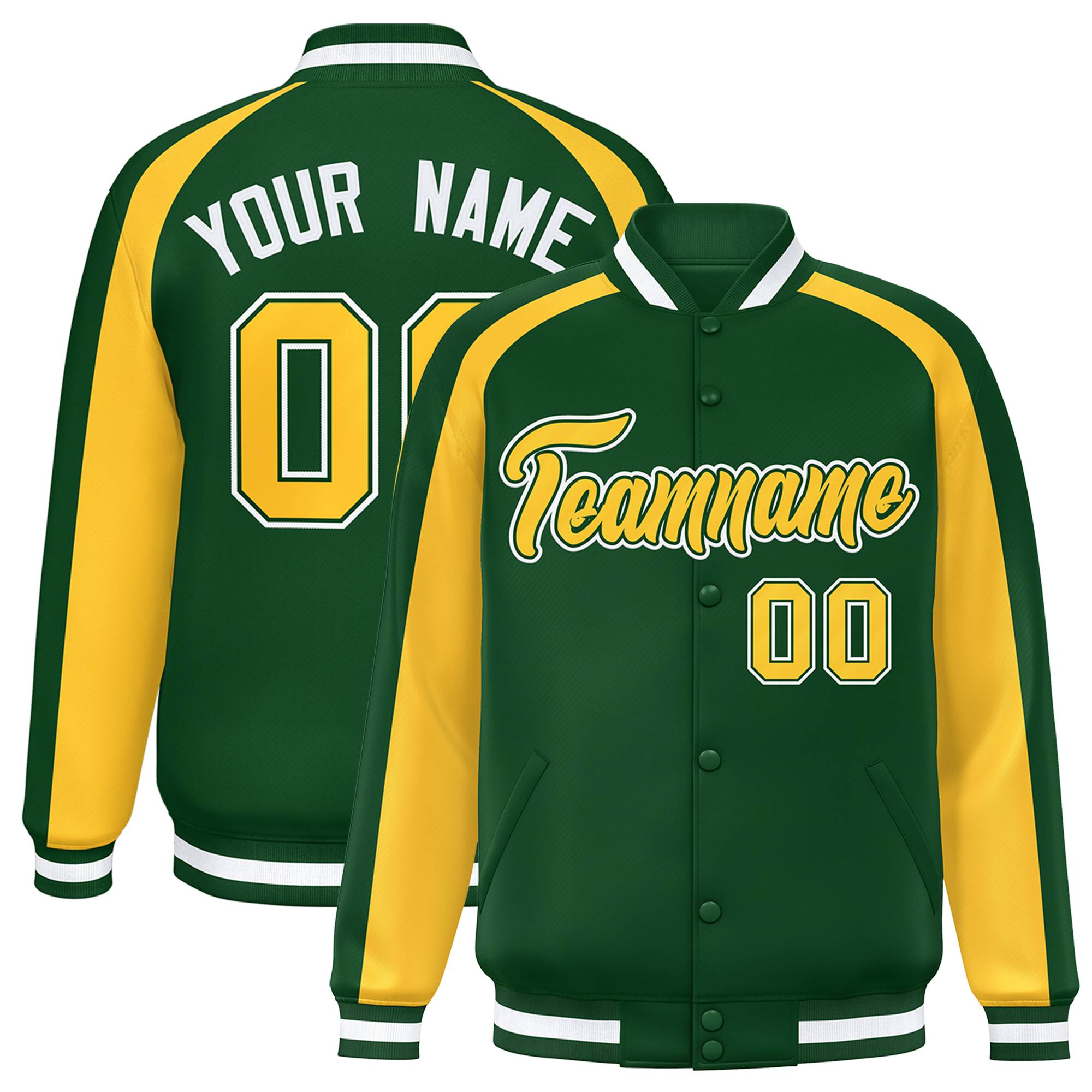 Custom Green Gold Varsity Full-Snap Color Block Personalized Raglan Sleeves Letterman Jacket