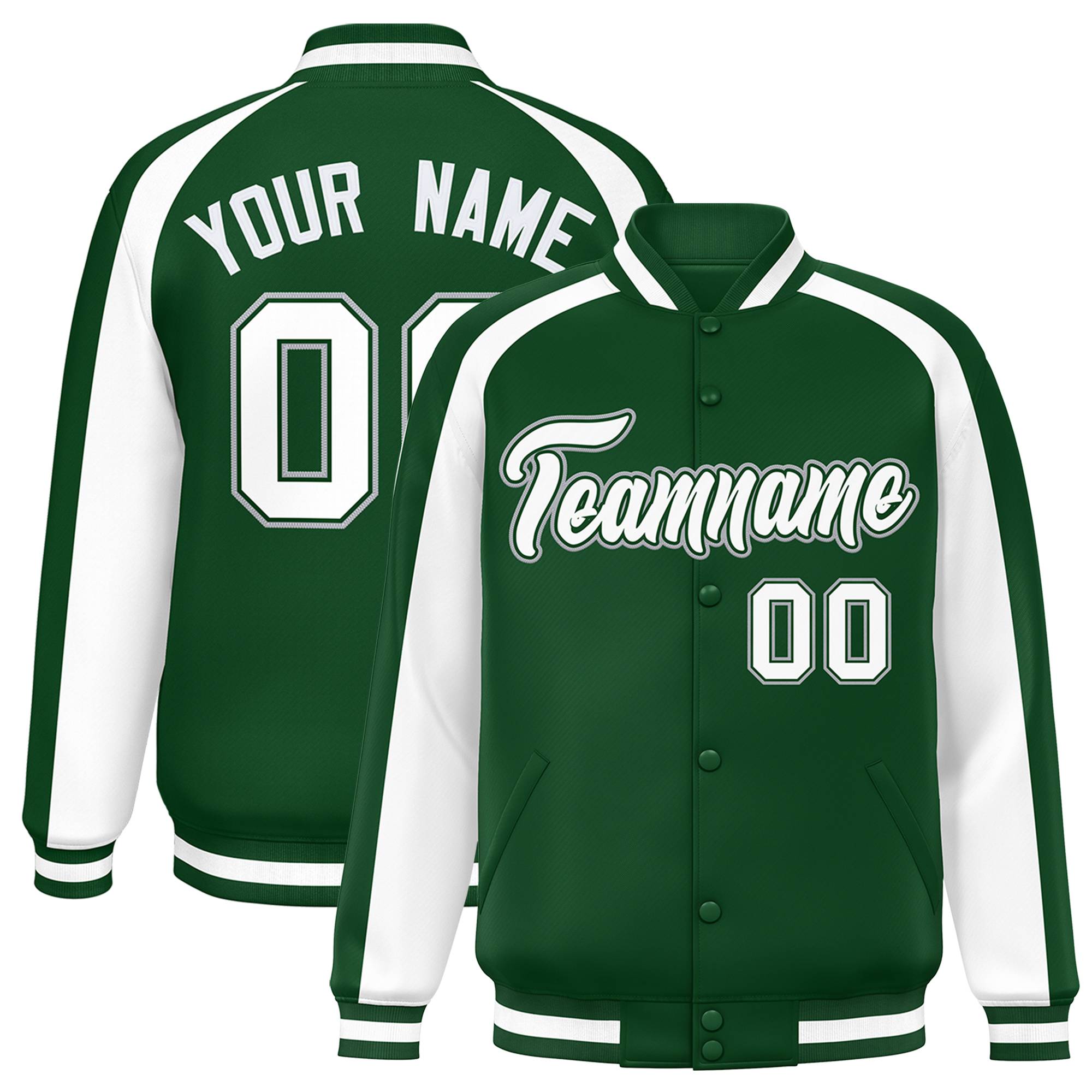 Custom Green White Varsity Full-Snap Color Block Personalized Raglan Sleeves Letterman Jacket