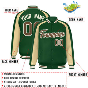 Custom Green Khaki Varsity Full-Snap Color Block Personalized Raglan Sleeves Letterman Jacket