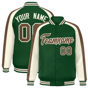 Custom Green Cream Varsity Full-Snap Color Block Personalized Raglan Sleeves Letterman Jacket