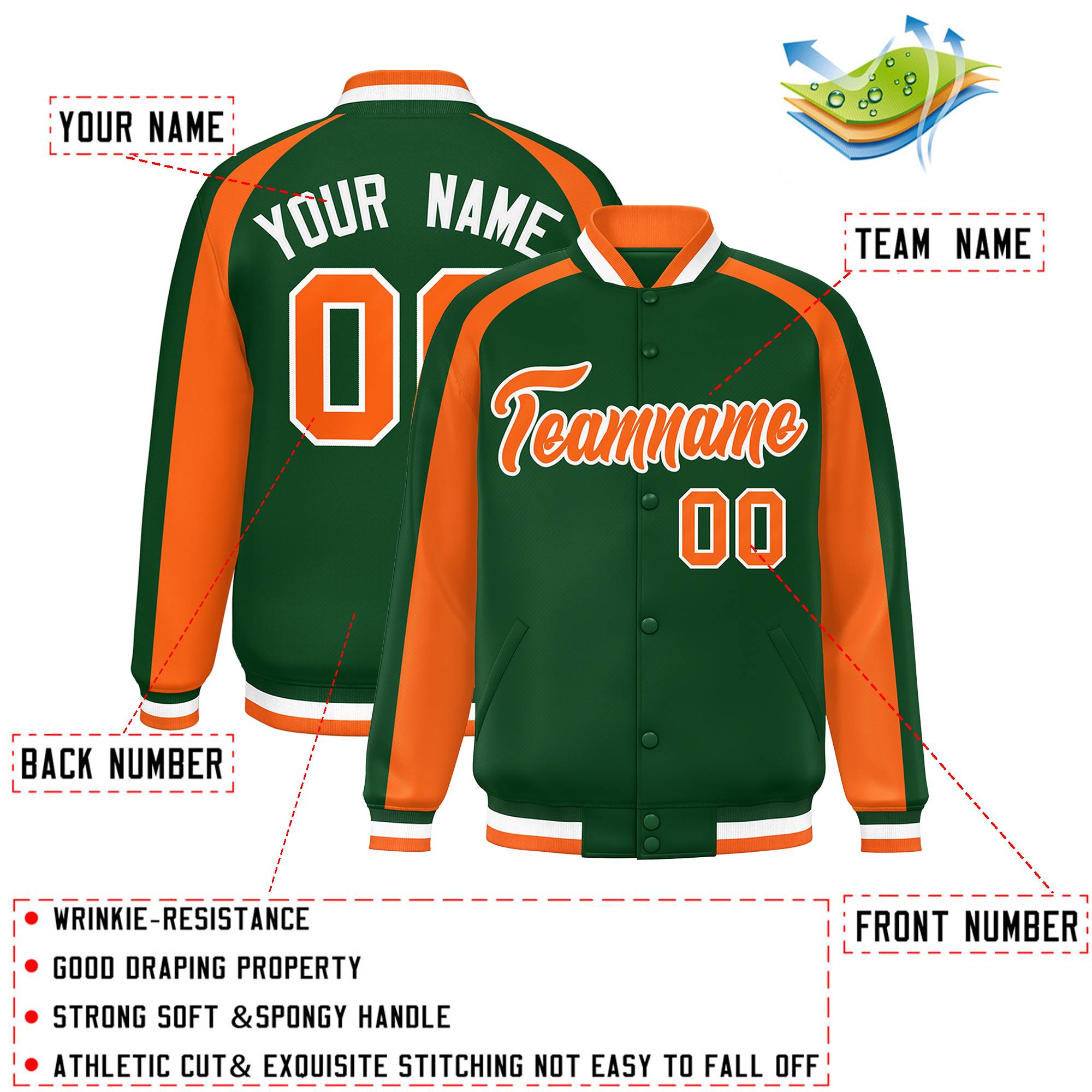 Custom Green Orange Varsity Full-Snap Color Block Personalized Raglan Sleeves Letterman Jacket